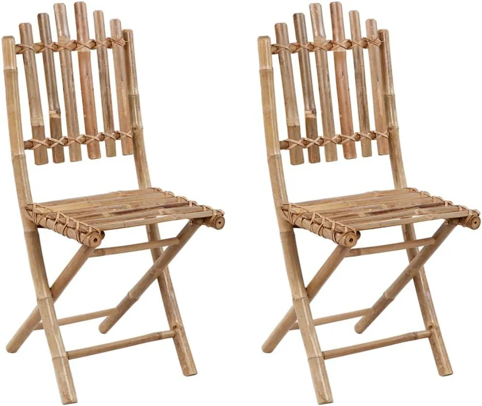 2-Pack Bamboo Folding Patio Chairs with Cream Cushions, Outdoor Lounge Furniture for Garden Poolside Dining, Foldable Space-Saving Design with Durable Polyester Seat