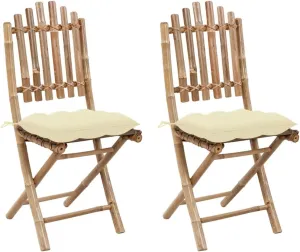 2-Pack Bamboo Folding Patio Chairs with Cream Cushions, Outdoor Lounge Furniture for Garden Poolside Dining, Foldable Space-Saving Design with Durable Polyester Seat