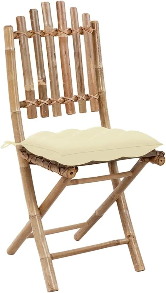 2-Pack Bamboo Folding Patio Chairs with Cream Cushions, Outdoor Lounge Furniture for Garden Poolside Dining, Foldable Space-Saving Design with Durable Polyester Seat