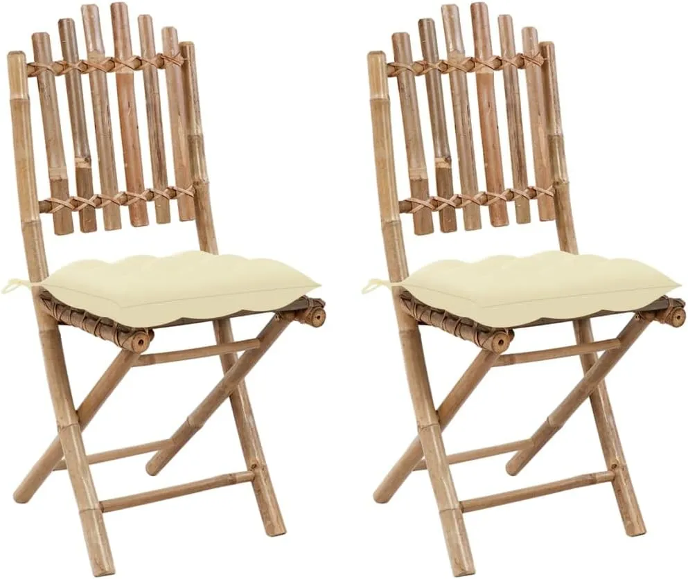 2-Pack Bamboo Folding Patio Chairs with Cream Cushions, Outdoor Lounge Furniture for Garden Poolside Dining, Foldable Space-Saving Design with Durable Polyester Seat