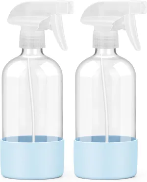 2 Pack Glass Spray Bottles with Silicone Sleeve, 16 oz Empty Refillable Containers with Adjustable Spray Nozzles, Spray Bottles for Hair, Cleaning Solutions and Plants Blue