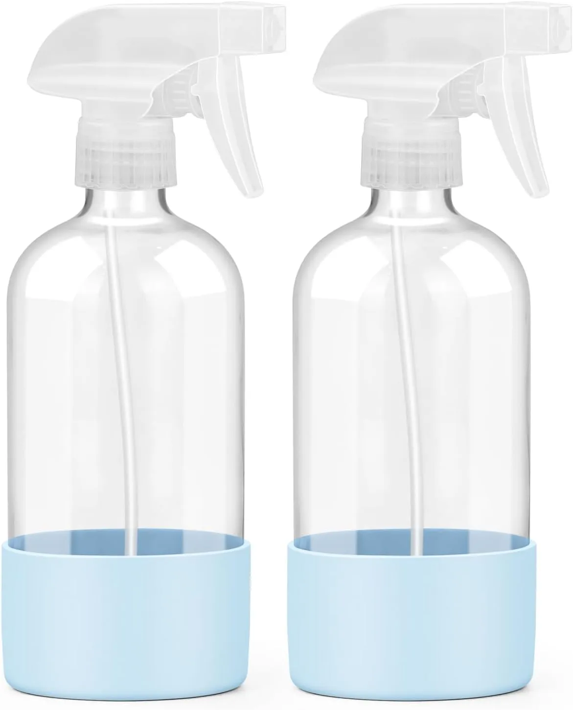 2 Pack Glass Spray Bottles with Silicone Sleeve, 16 oz Empty Refillable Containers with Adjustable Spray Nozzles, Spray Bottles for Hair, Cleaning Solutions and Plants Blue
