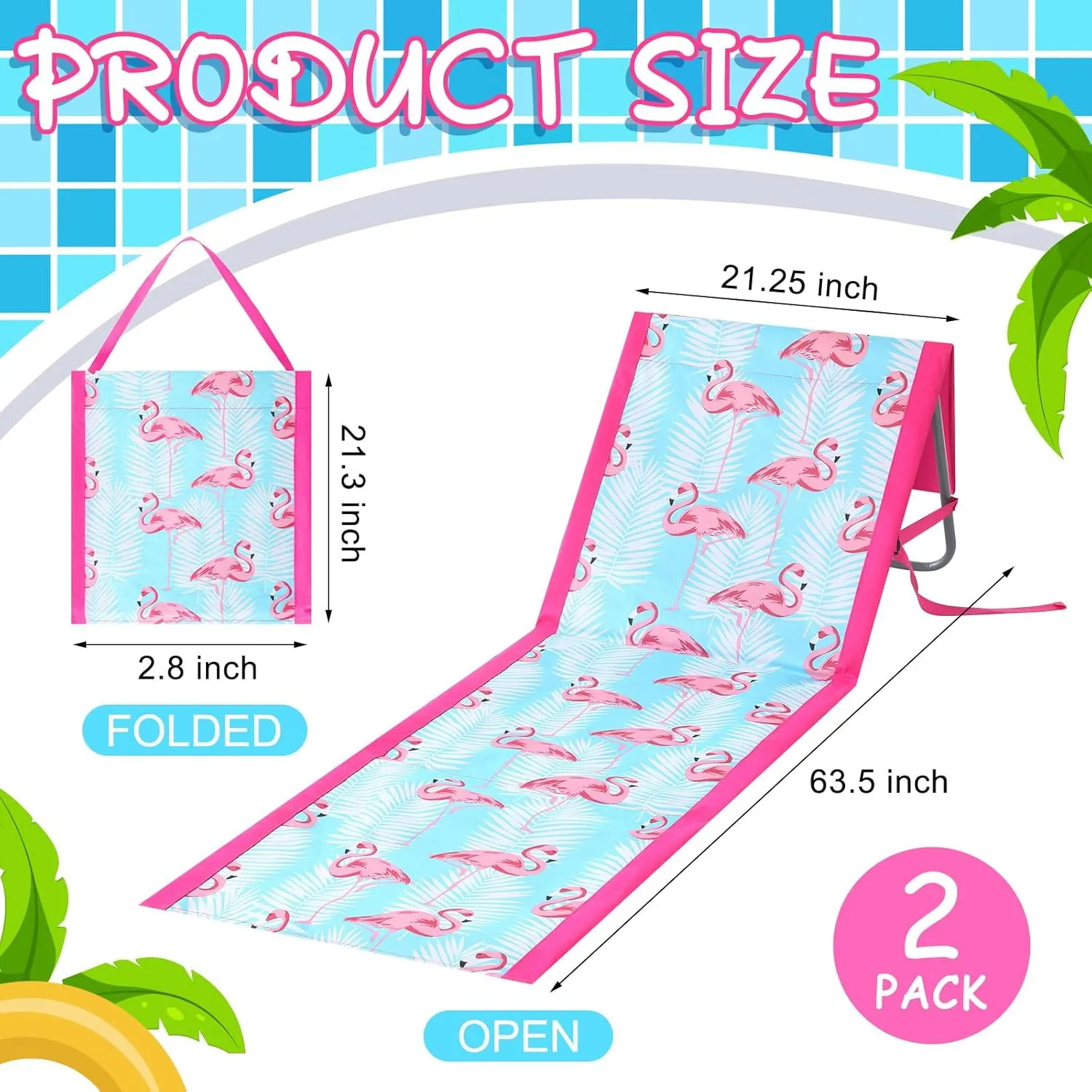 2 Pack Portable Beach Lounge Chair for Adults Folding Tanning Mat Lightweight Sun Beach Lounger Ideal Beach Chairs Adjustable Position Lawn Chair Outdoor Sunbathing(Flamingo)