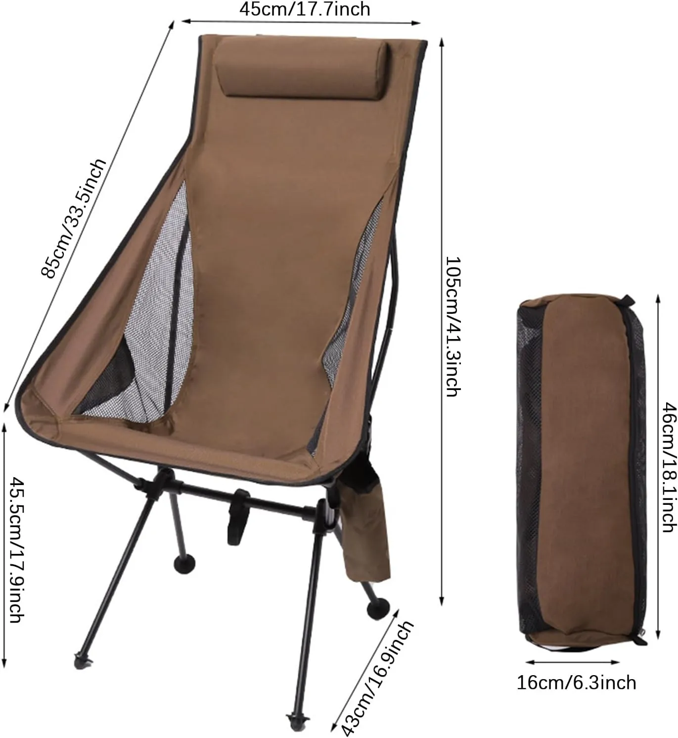 2 Pack Portable High Back Camping Chair, Lightweight Folding Camping Chair with Head Support, Supports 330 LBS, Compact Folding Chair for Travel, Beach, Picnic, Festival, Hiking,Brown