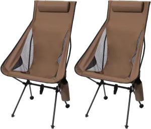 2 Pack Portable High Back Camping Chair, Lightweight Folding Camping Chair with Head Support, Supports 330 LBS, Compact Folding Chair for Travel, Beach, Picnic, Festival, Hiking,Brown