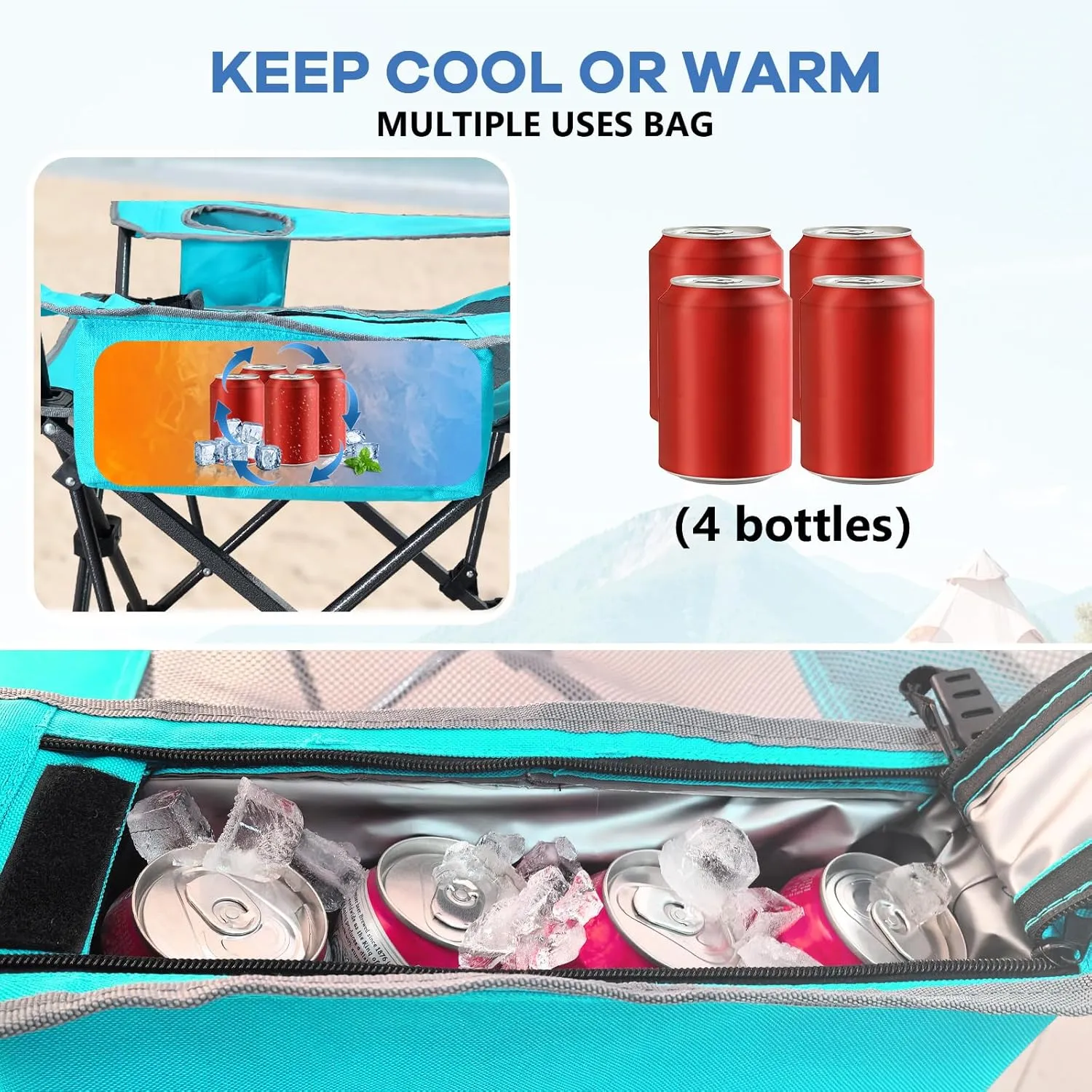 2-Pack Reclining Camping Chair 4 Position with Foot Rest Comfortable for Adults 265Ibs Folding Lounger Mesh Beach Chair with Cooler Bag and Cup Holder for Outdoor Patio