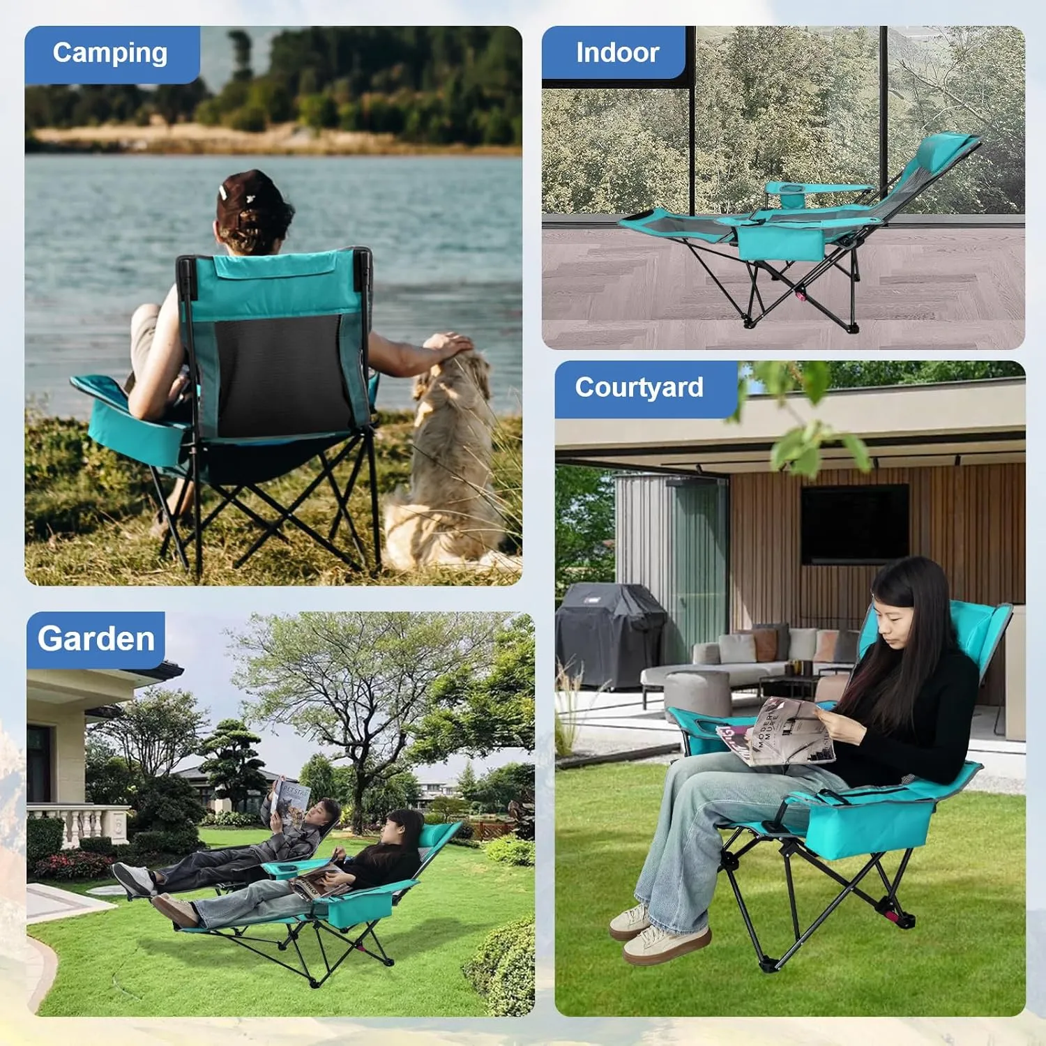 2-Pack Reclining Camping Chair 4 Position with Foot Rest Comfortable for Adults 265Ibs Folding Lounger Mesh Beach Chair with Cooler Bag and Cup Holder for Outdoor Patio