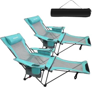 2-Pack Reclining Camping Chair 4 Position with Foot Rest Comfortable for Adults 265Ibs Folding Lounger Mesh Beach Chair with Cooler Bag and Cup Holder for Outdoor Patio