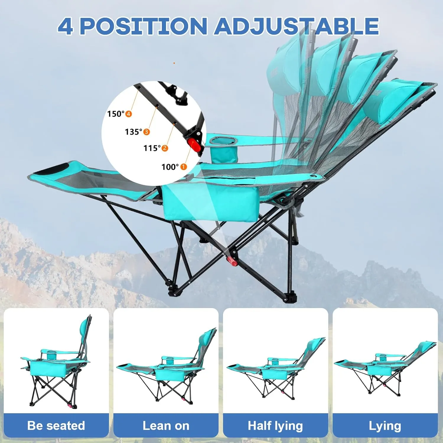 2-Pack Reclining Camping Chair 4 Position with Foot Rest Comfortable for Adults 265Ibs Folding Lounger Mesh Beach Chair with Cooler Bag and Cup Holder for Outdoor Patio