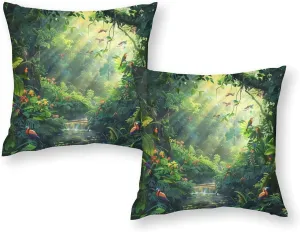 2 Packs Cartoon Forest Stream Throw Pillow Covers for Living Room, Abstract Bird Palm Tree Pillow Covers Cushion Case for Couch Sofa Bed, 16x16 inch