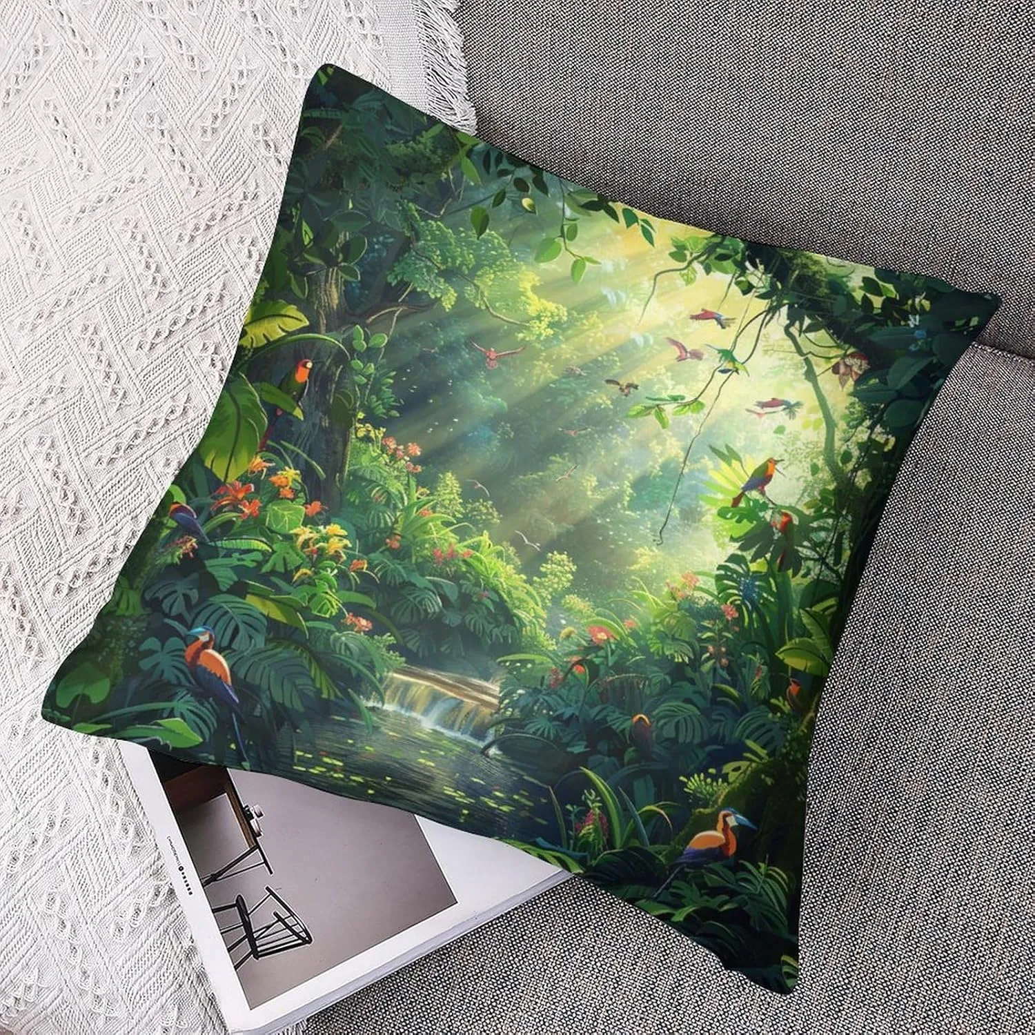 2 Packs Cartoon Forest Stream Throw Pillow Covers for Living Room, Abstract Bird Palm Tree Pillow Covers Cushion Case for Couch Sofa Bed, 16x16 inch