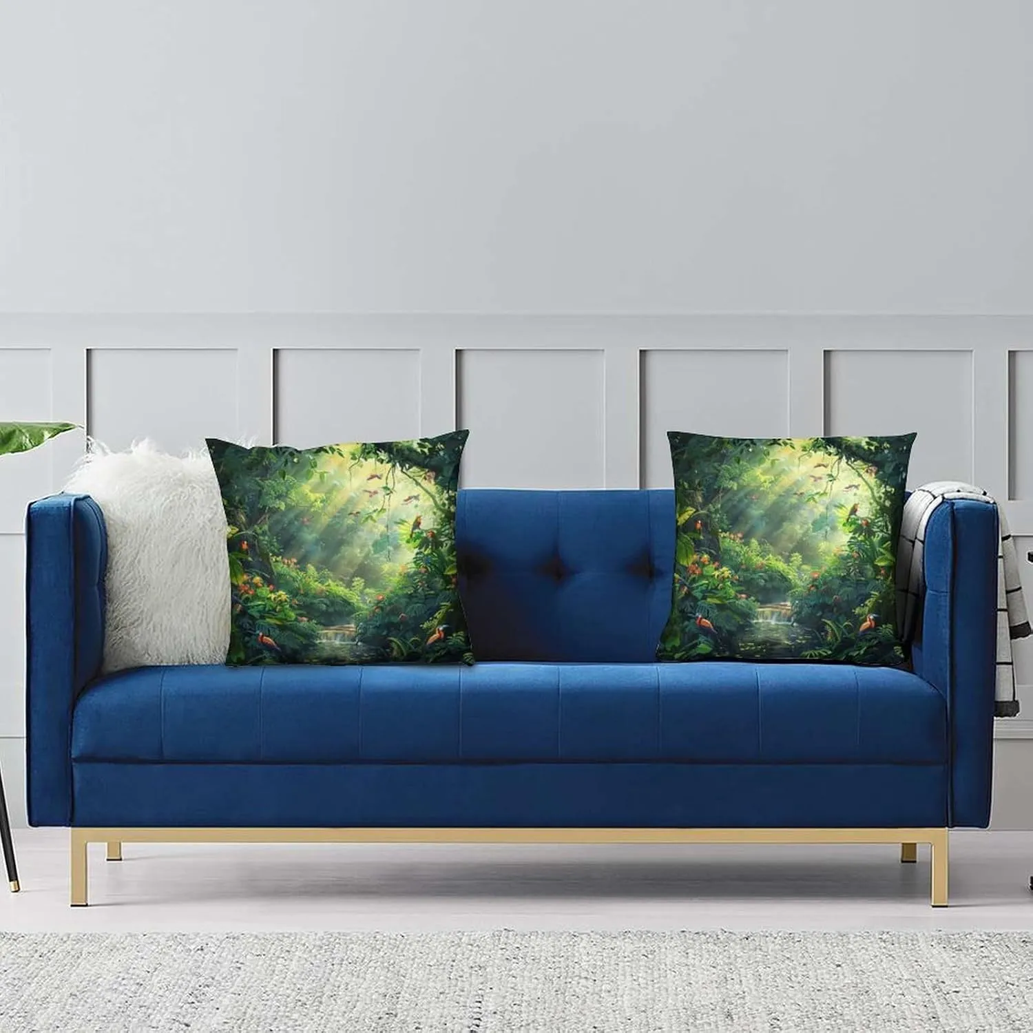 2 Packs Cartoon Forest Stream Throw Pillow Covers for Living Room, Abstract Bird Palm Tree Pillow Covers Cushion Case for Couch Sofa Bed, 16x16 inch