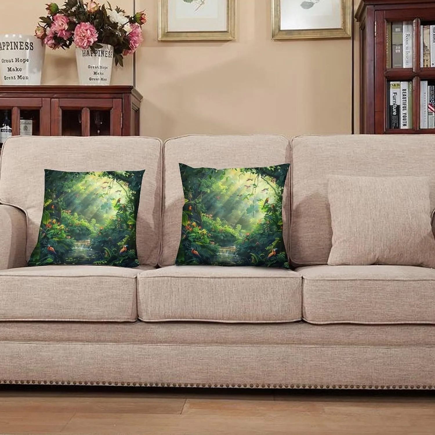 2 Packs Cartoon Forest Stream Throw Pillow Covers for Living Room, Abstract Bird Palm Tree Pillow Covers Cushion Case for Couch Sofa Bed, 16x16 inch