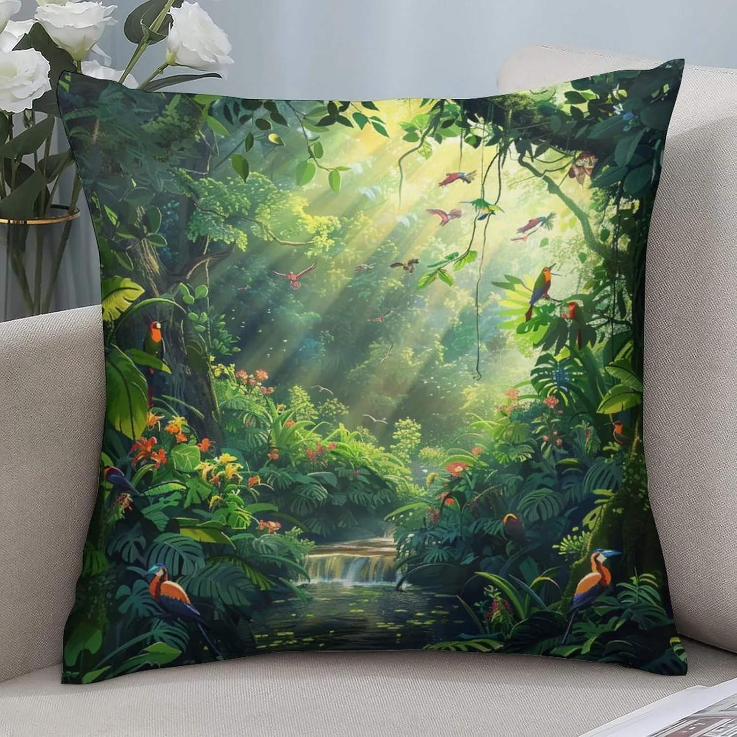 2 Packs Cartoon Forest Stream Throw Pillow Covers for Living Room, Abstract Bird Palm Tree Pillow Covers Cushion Case for Couch Sofa Bed, 16x16 inch