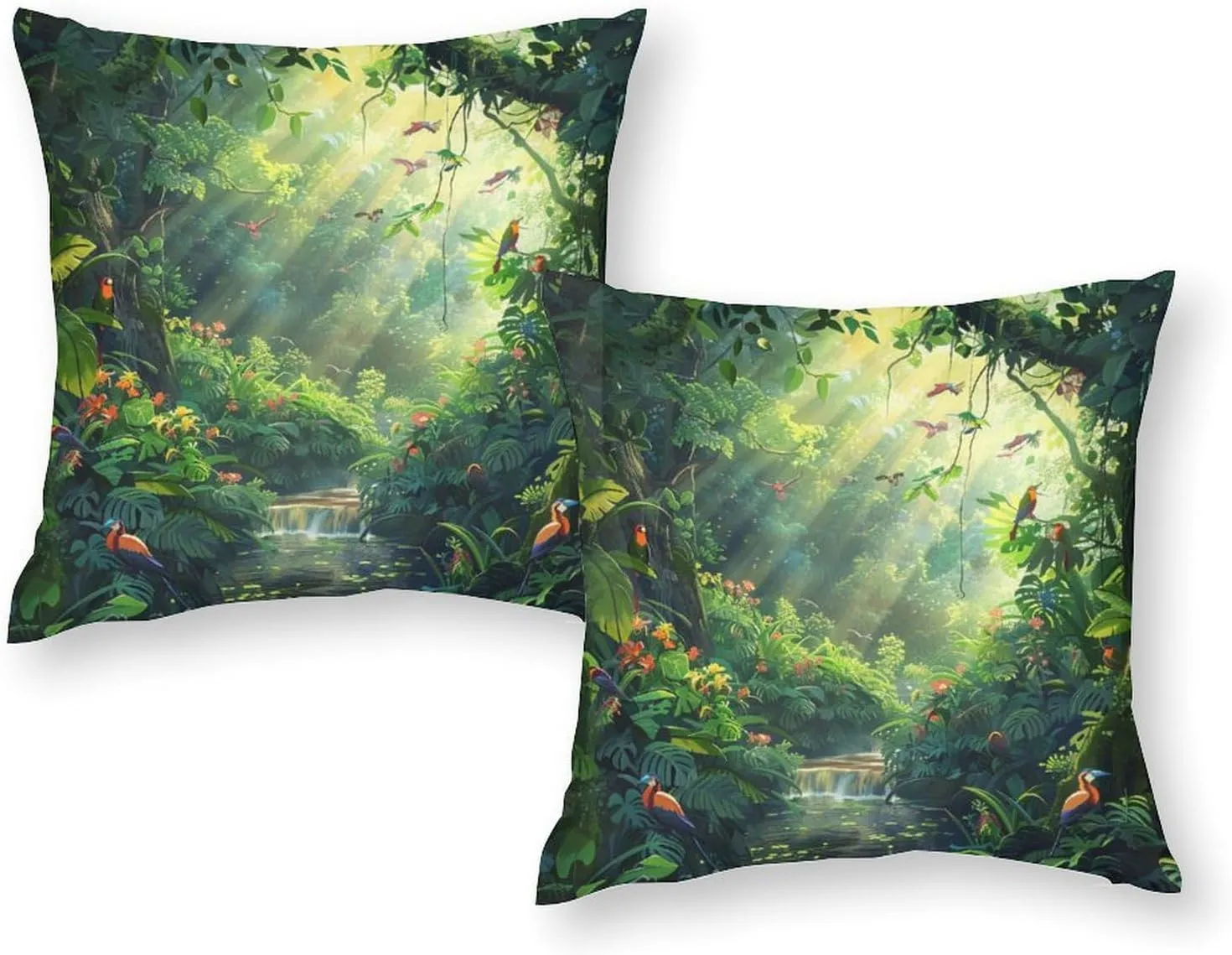 2 Packs Cartoon Forest Stream Throw Pillow Covers for Living Room, Abstract Bird Palm Tree Pillow Covers Cushion Case for Couch Sofa Bed, 16x16 inch