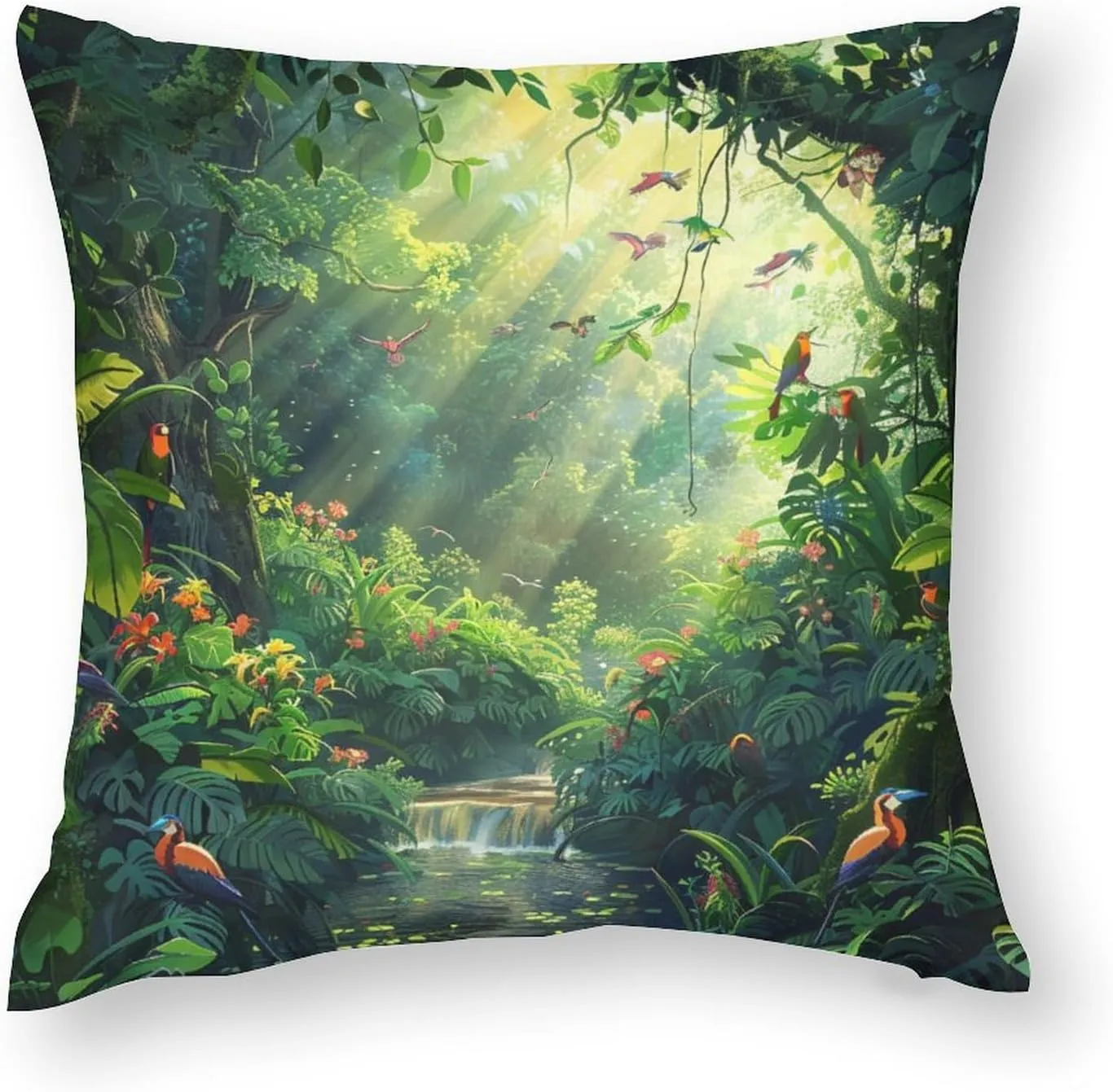 2 Packs Cartoon Forest Stream Throw Pillow Covers for Living Room, Abstract Bird Palm Tree Pillow Covers Cushion Case for Couch Sofa Bed, 16x16 inch