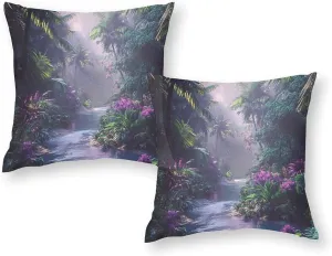 2 Packs Mystical Jungle Stream Throw Pillow Covers for Living Room, Tropical Palm Tree Floral Pillow Covers Cushion Case for Couch Sofa Bed, 20x20 inch