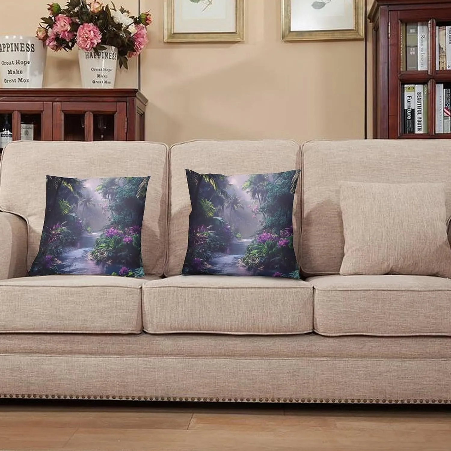 2 Packs Mystical Jungle Stream Throw Pillow Covers for Living Room, Tropical Palm Tree Floral Pillow Covers Cushion Case for Couch Sofa Bed, 20x20 inch