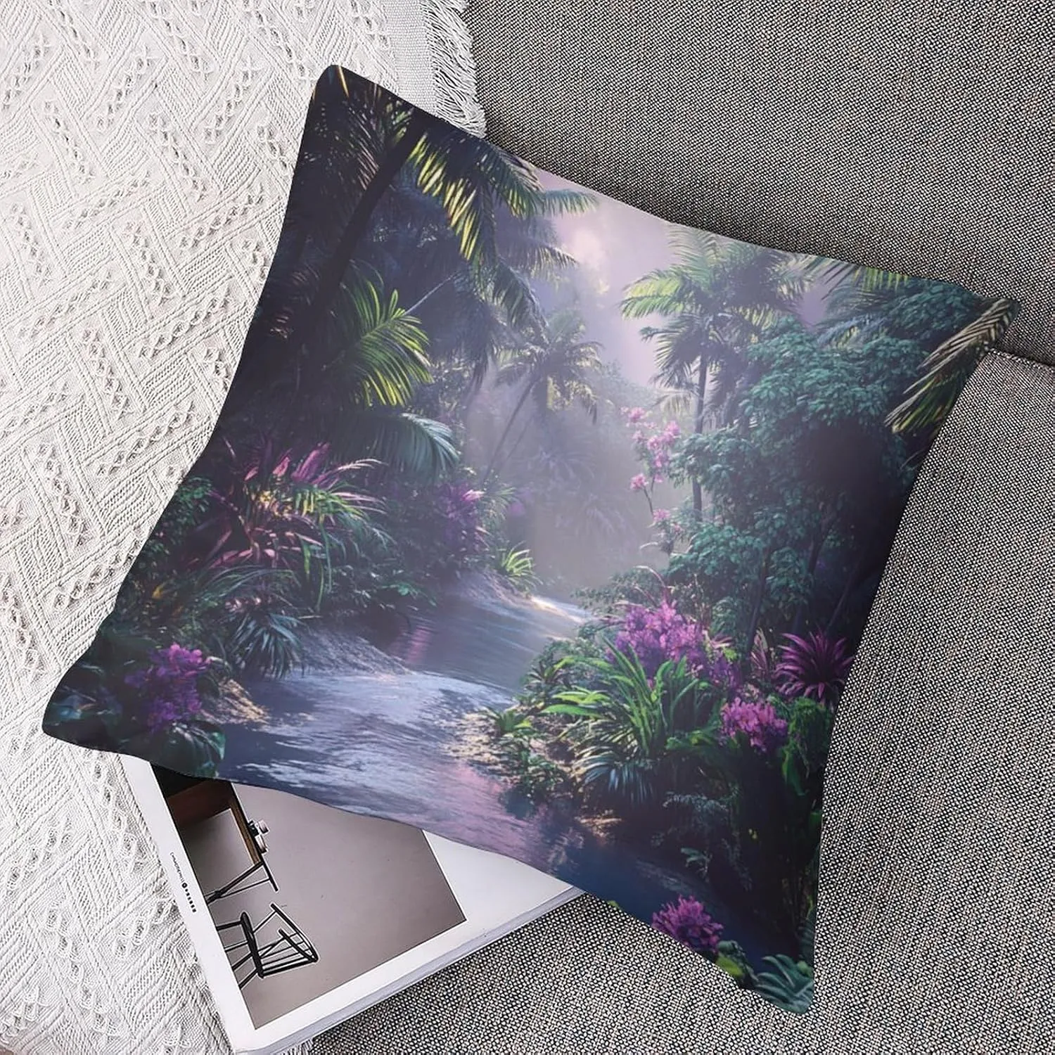 2 Packs Mystical Jungle Stream Throw Pillow Covers for Living Room, Tropical Palm Tree Floral Pillow Covers Cushion Case for Couch Sofa Bed, 20x20 inch