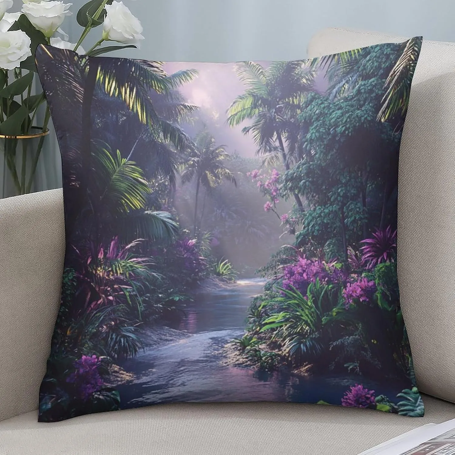 2 Packs Mystical Jungle Stream Throw Pillow Covers for Living Room, Tropical Palm Tree Floral Pillow Covers Cushion Case for Couch Sofa Bed, 20x20 inch