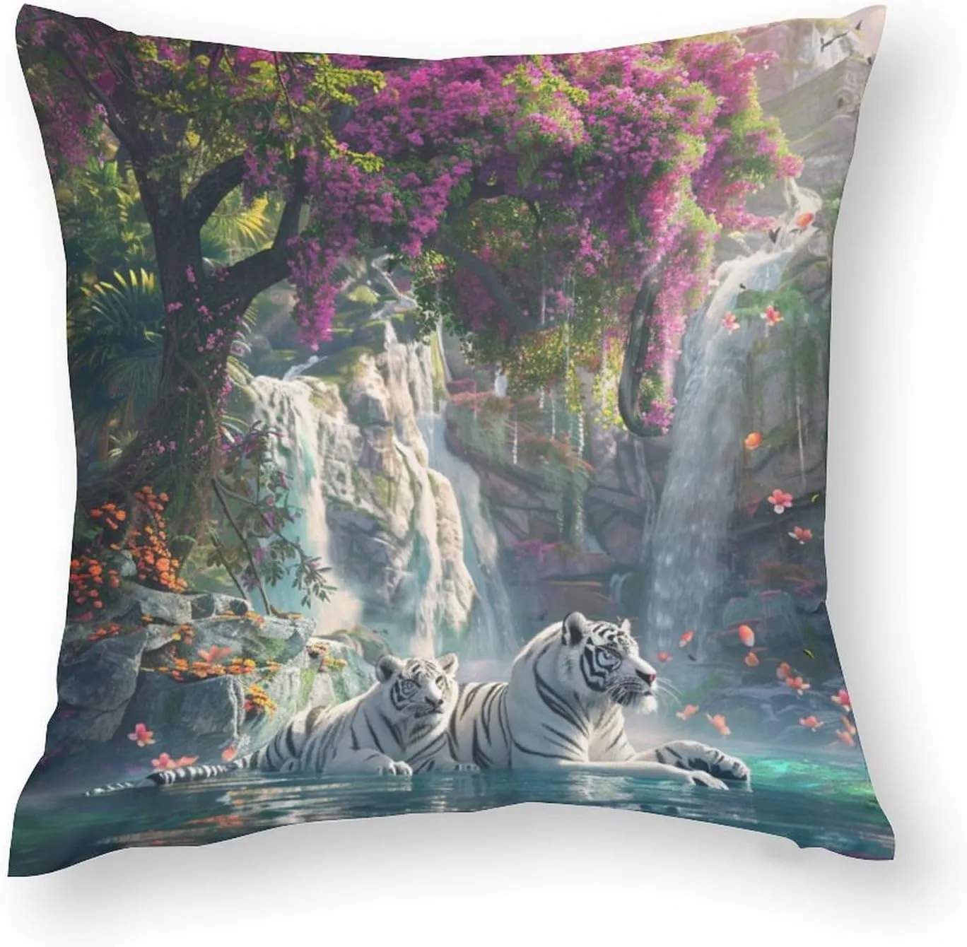 2 Packs White Tiger Animal Throw Pillow Covers for Living Room, Waterfall Jungle Floral Tree Pillow Covers Cushion Case for Couch Sofa Bed, 20x20 inch