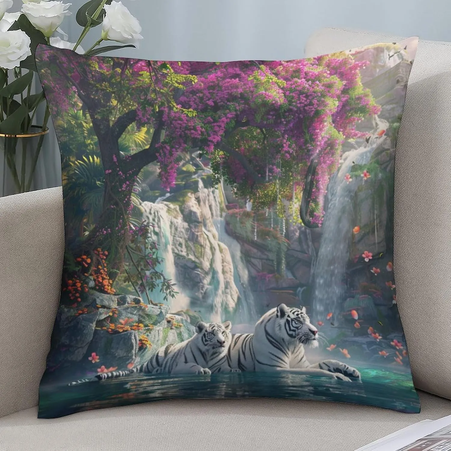 2 Packs White Tiger Animal Throw Pillow Covers for Living Room, Waterfall Jungle Floral Tree Pillow Covers Cushion Case for Couch Sofa Bed, 20x20 inch