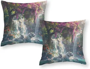 2 Packs White Tiger Animal Throw Pillow Covers for Living Room, Waterfall Jungle Floral Tree Pillow Covers Cushion Case for Couch Sofa Bed, 20x20 inch