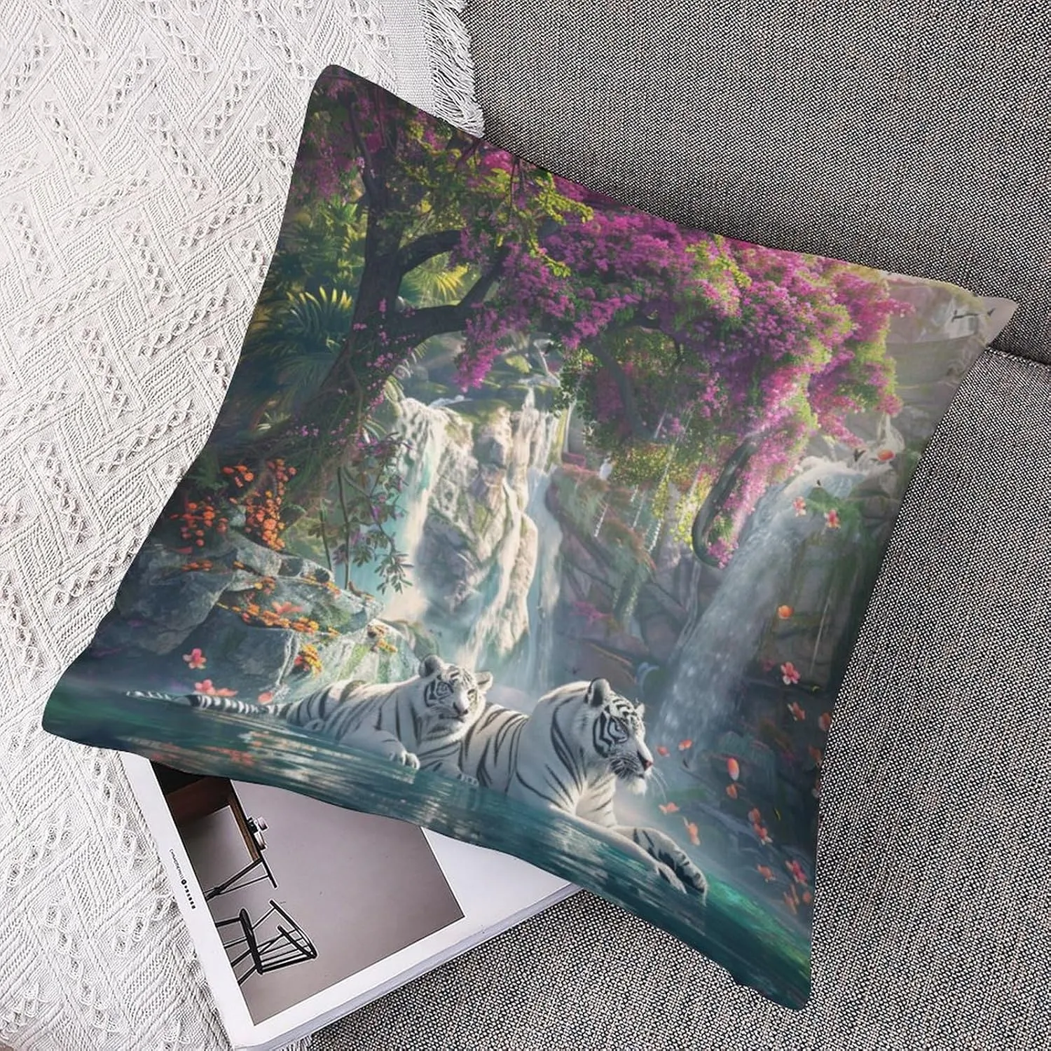 2 Packs White Tiger Animal Throw Pillow Covers for Living Room, Waterfall Jungle Floral Tree Pillow Covers Cushion Case for Couch Sofa Bed, 20x20 inch