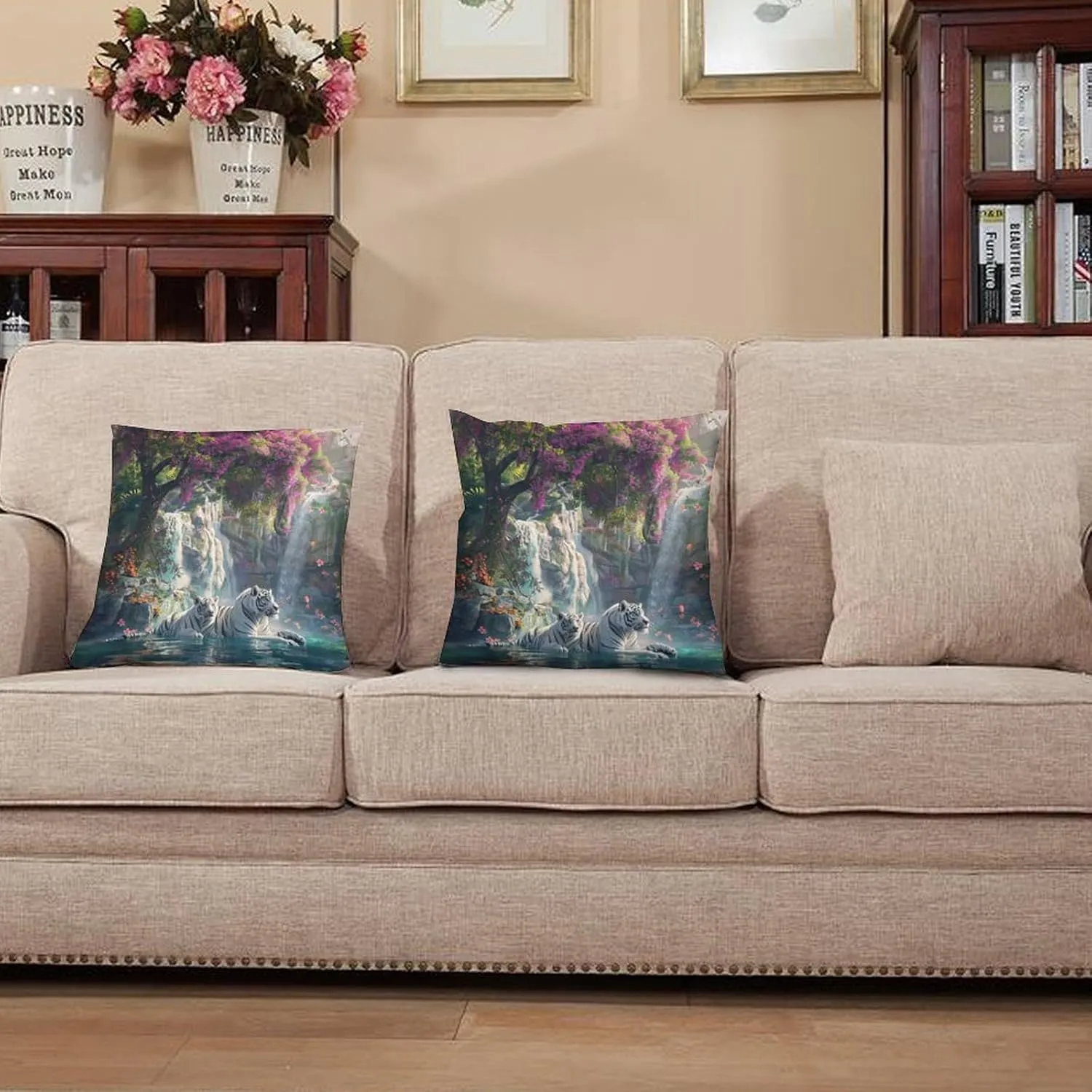 2 Packs White Tiger Animal Throw Pillow Covers for Living Room, Waterfall Jungle Floral Tree Pillow Covers Cushion Case for Couch Sofa Bed, 20x20 inch