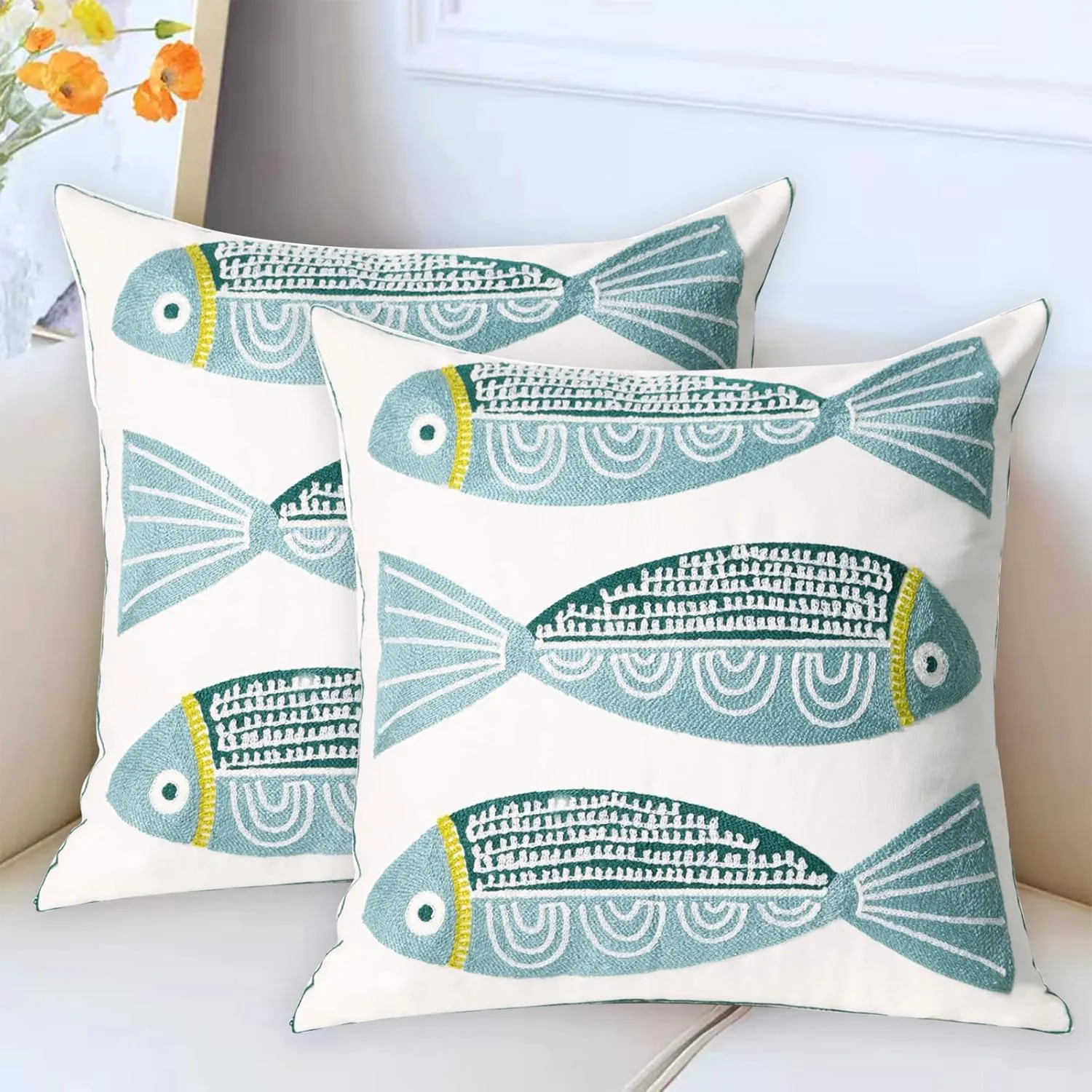 2 PCS Embroidered Throw Pillow Cover Cotton Decorative Square Cushion Cases for Home Sofa Bed and Chair 18 x 18 Inch (Blue Fish-2)