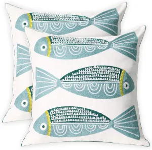 2 PCS Embroidered Throw Pillow Cover Cotton Decorative Square Cushion Cases for Home Sofa Bed and Chair 18 x 18 Inch (Blue Fish-2)