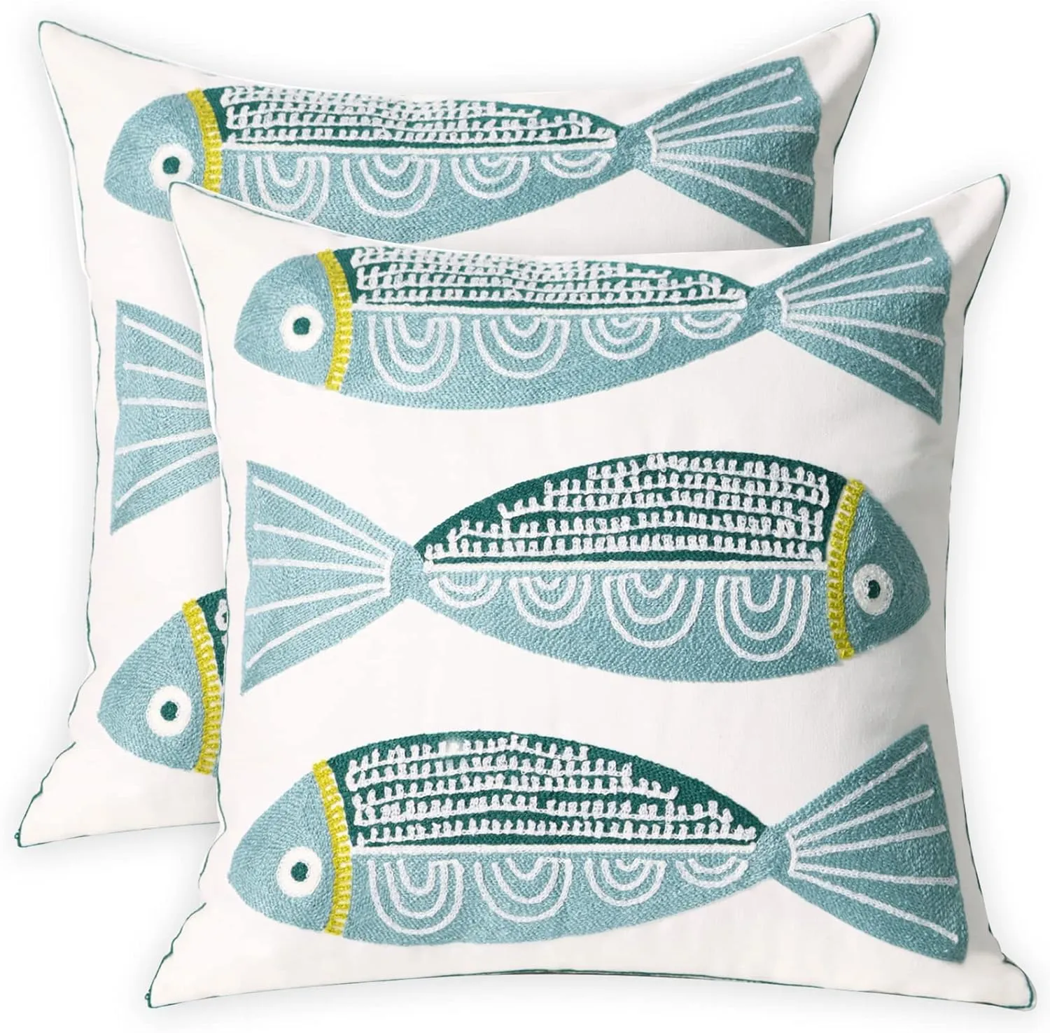 2 PCS Embroidered Throw Pillow Cover Cotton Decorative Square Cushion Cases for Home Sofa Bed and Chair 18 x 18 Inch (Blue Fish-2)