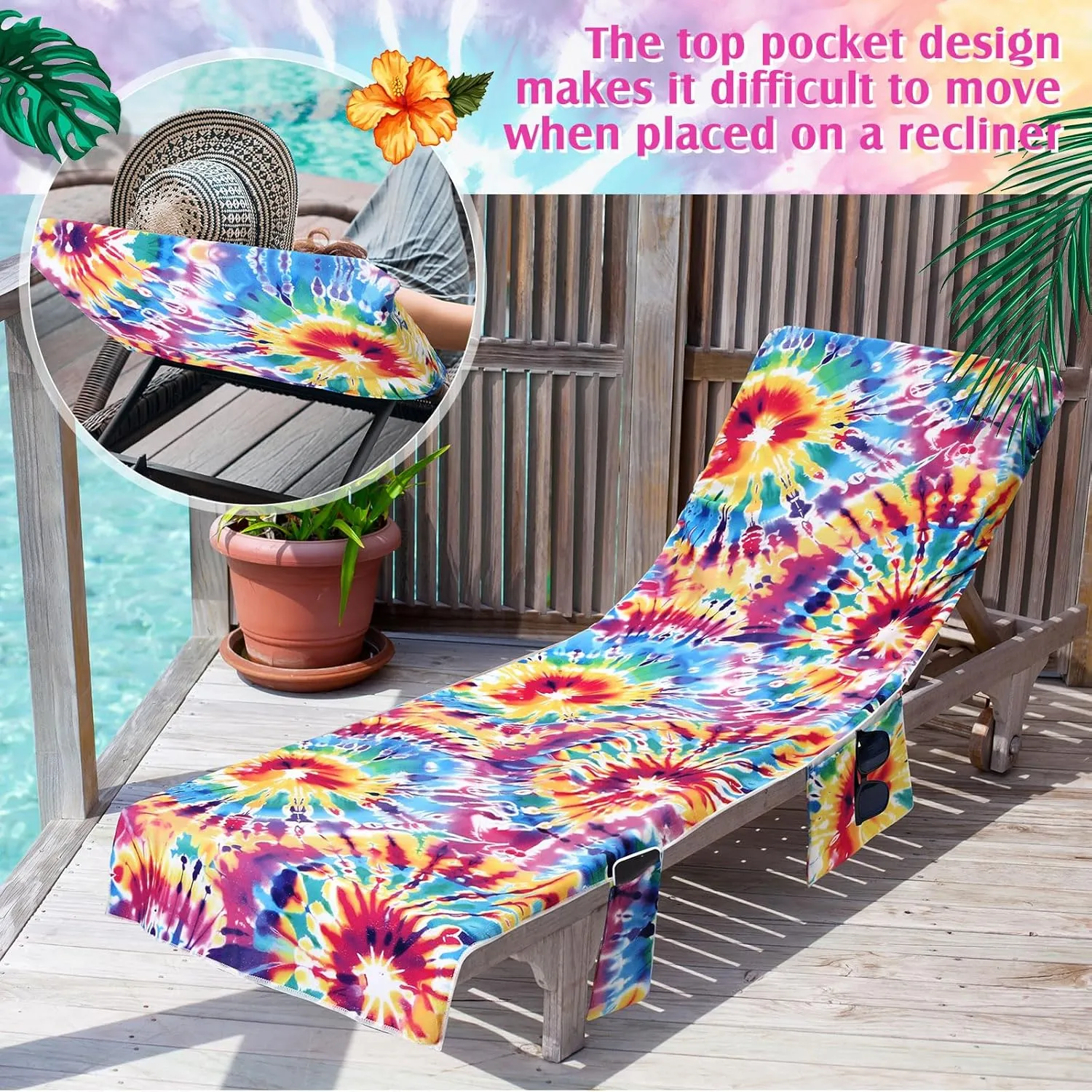 2 Pcs Pool Lounge Chair Towel Cover with 3 Pockets, 85 x 30 Inch Beach Pool Chair Towels Microfiber Chaise Lounge Covers for Outdoor Summer Sunbathing Beach Garden Lounger(Tie Dye)