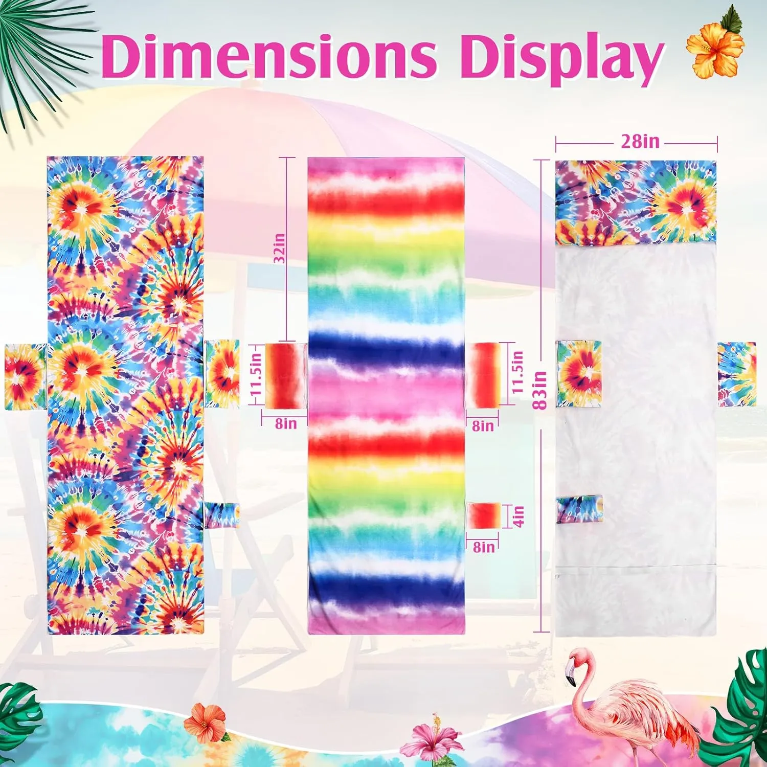 2 Pcs Pool Lounge Chair Towel Cover with 3 Pockets, 85 x 30 Inch Beach Pool Chair Towels Microfiber Chaise Lounge Covers for Outdoor Summer Sunbathing Beach Garden Lounger(Tie Dye)