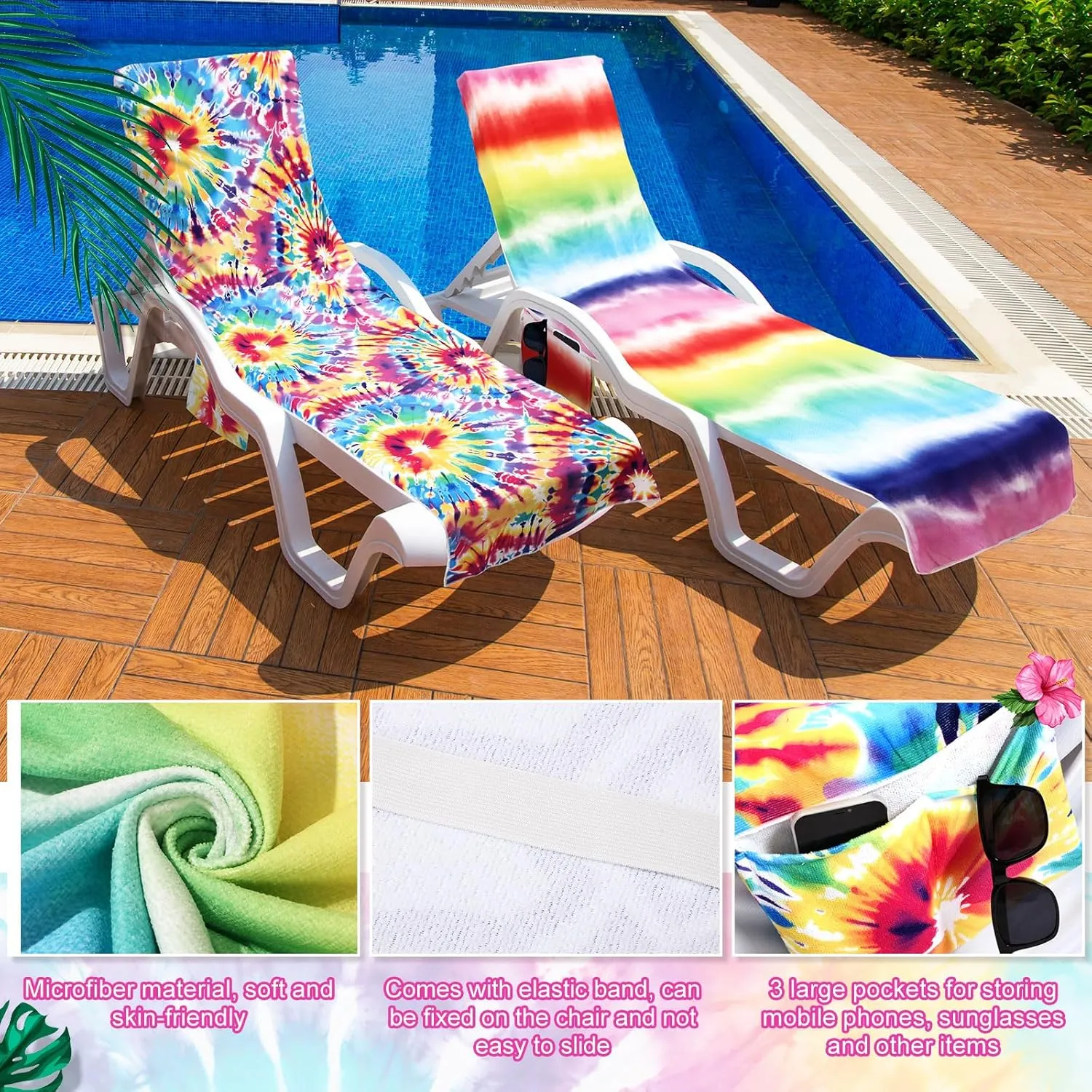2 Pcs Pool Lounge Chair Towel Cover with 3 Pockets, 85 x 30 Inch Beach Pool Chair Towels Microfiber Chaise Lounge Covers for Outdoor Summer Sunbathing Beach Garden Lounger(Tie Dye)