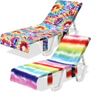 2 Pcs Pool Lounge Chair Towel Cover with 3 Pockets, 85 x 30 Inch Beach Pool Chair Towels Microfiber Chaise Lounge Covers for Outdoor Summer Sunbathing Beach Garden Lounger(Tie Dye)