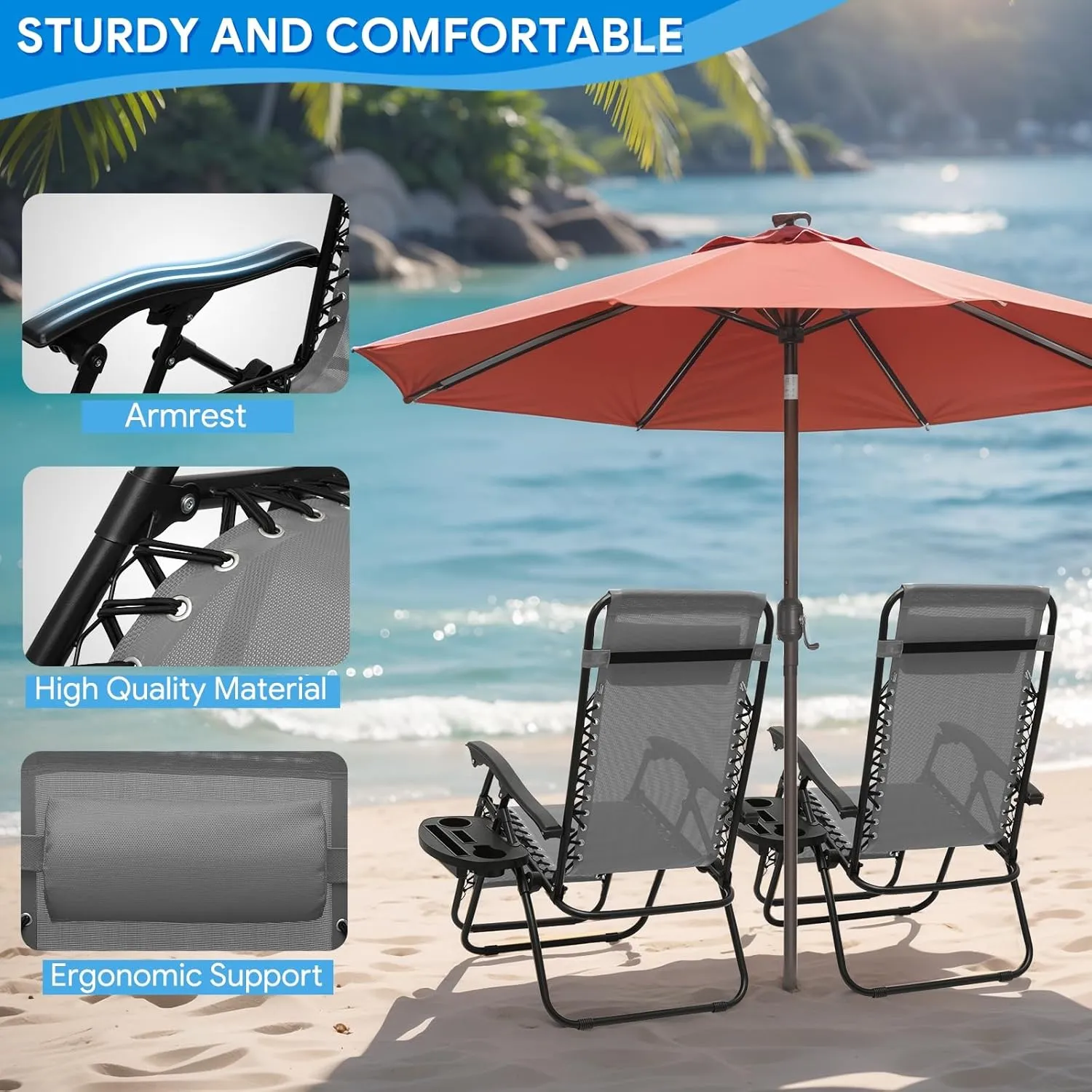 2 pcs Zero Gravity Lounge Chair, Foldable Patio Recliners with Cup Holder Tray & Ergonomic Headrest for Outdoor, Beach, Camping, CAAP-BCC-C2P-GY