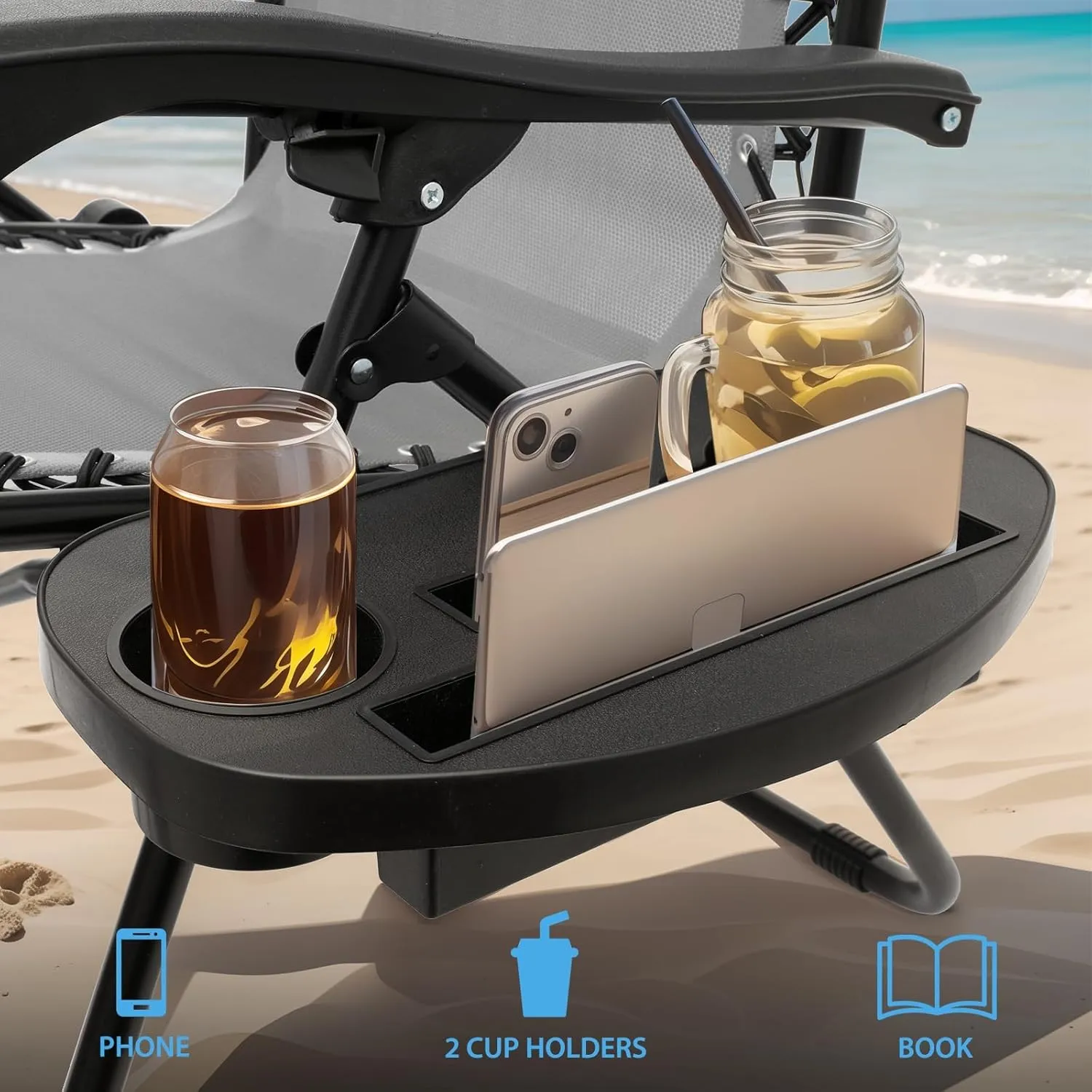 2 pcs Zero Gravity Lounge Chair, Foldable Patio Recliners with Cup Holder Tray & Ergonomic Headrest for Outdoor, Beach, Camping, CAAP-BCC-C2P-GY