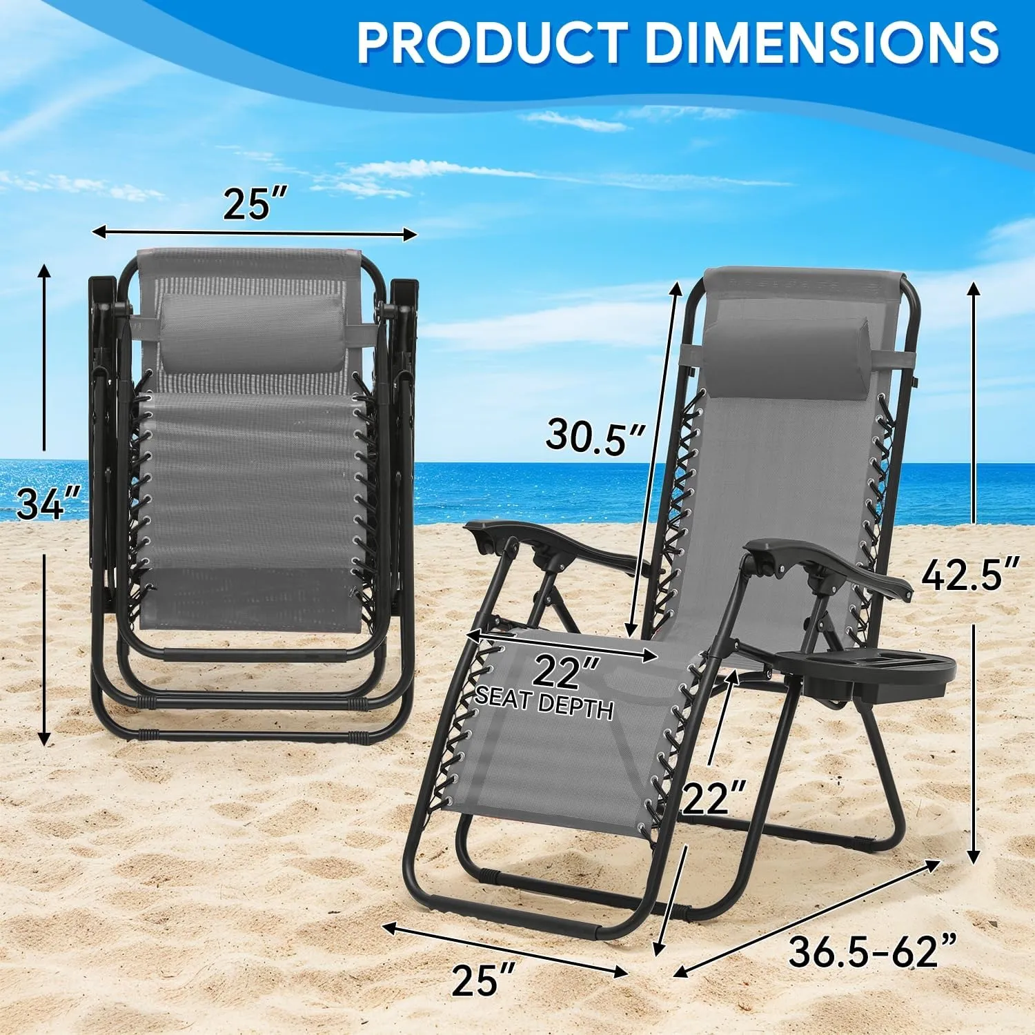 2 pcs Zero Gravity Lounge Chair, Foldable Patio Recliners with Cup Holder Tray & Ergonomic Headrest for Outdoor, Beach, Camping, CAAP-BCC-C2P-GY