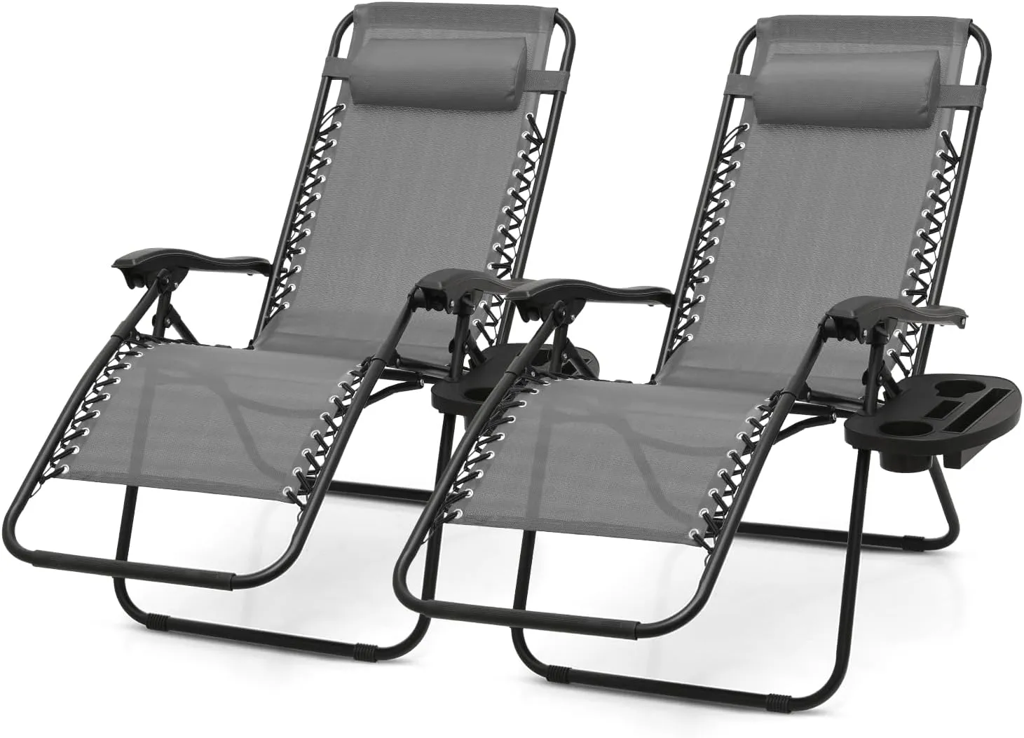2 pcs Zero Gravity Lounge Chair, Foldable Patio Recliners with Cup Holder Tray & Ergonomic Headrest for Outdoor, Beach, Camping, CAAP-BCC-C2P-GY