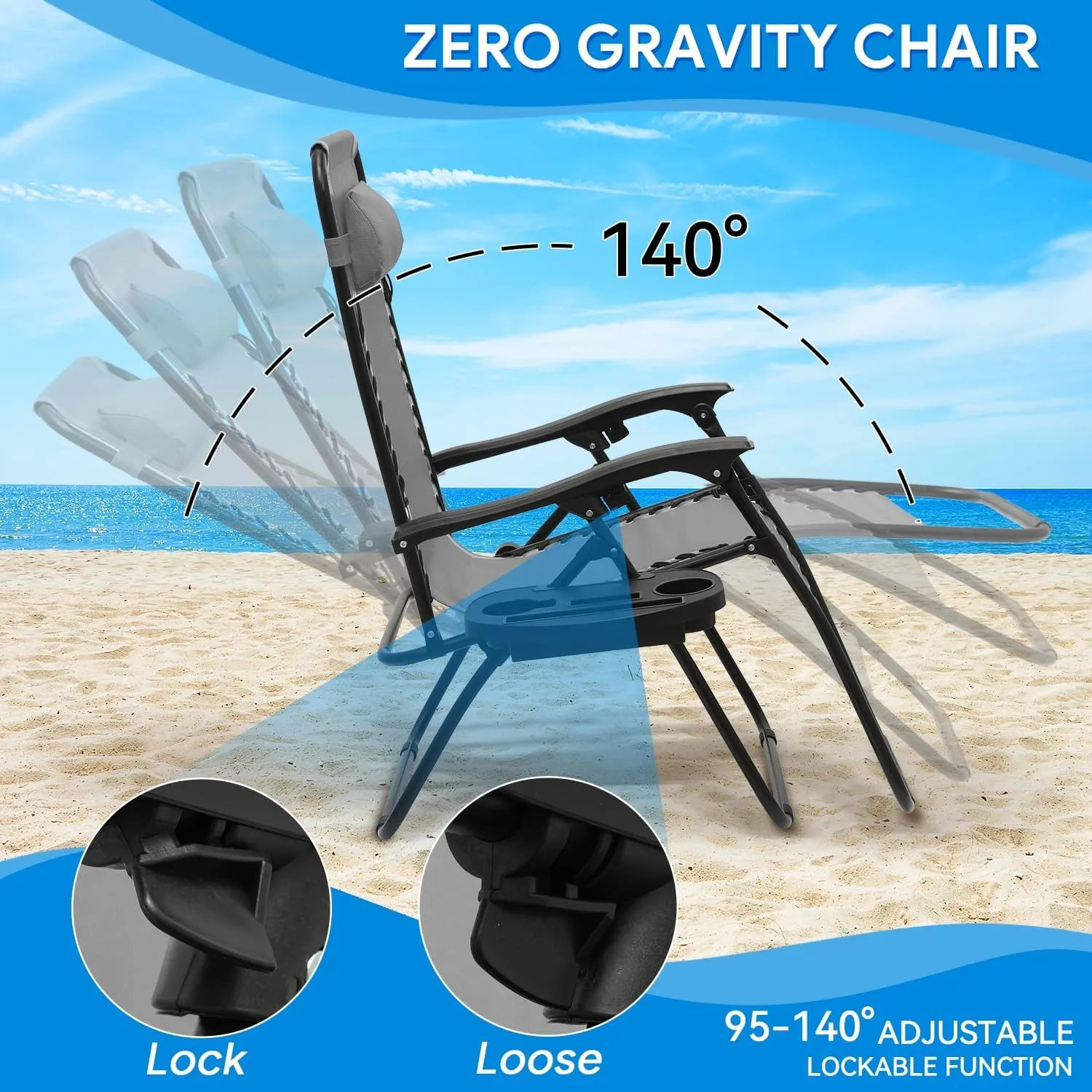 2 pcs Zero Gravity Lounge Chair, Foldable Patio Recliners with Cup Holder Tray & Ergonomic Headrest for Outdoor, Beach, Camping, CAAP-BCC-C2P-GY