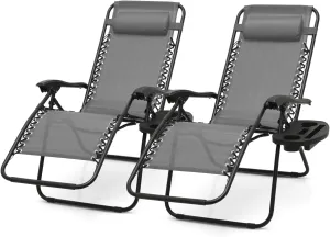 2 pcs Zero Gravity Lounge Chair, Foldable Patio Recliners with Cup Holder Tray & Ergonomic Headrest for Outdoor, Beach, Camping, CAAP-BCC-C2P-GY