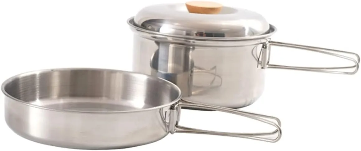 2-Piece Camping Cooking Set Portable Outdoor Cookware Stainless Steel Frying Pan Soup Pot Hiking Backpacking Supplies