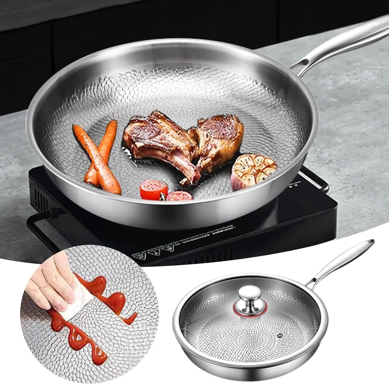 2025 New Titanium Hammered Pan Pro With Lid, Non Stick Titanium Nutri Pans, Scratch-Resistant, Resistant Non Stick, Even Heating, For Cooking, Heats Quickly, Cooks Evenly (11.02 inch)