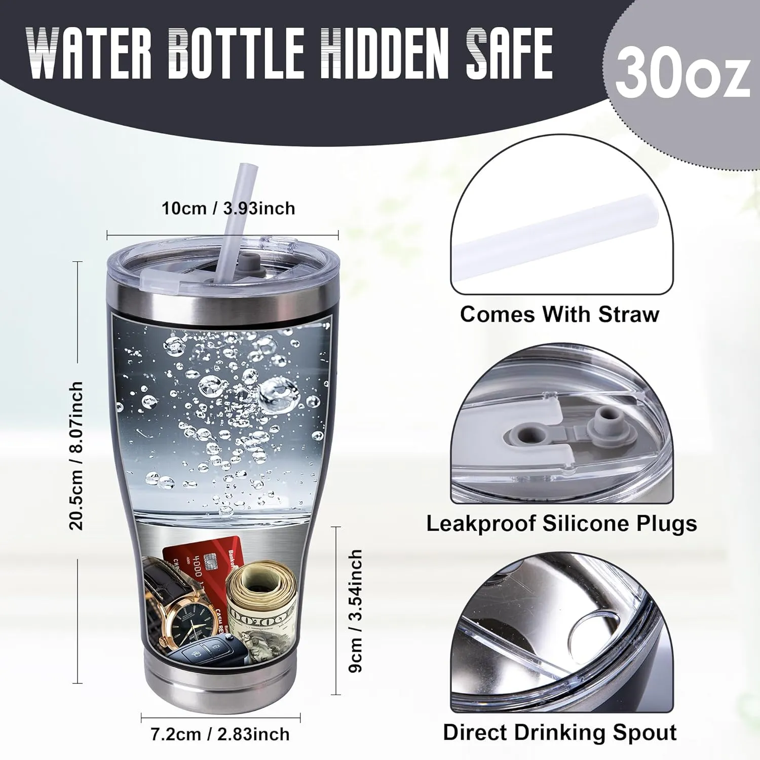 20oz Diversion Safe Water Bottle, Stainless Steel Bottle with Hidden Compartment for Storage Values Like Cash, Keys, Jewelry, Suitable for Outdoor, Gym, and Travel-Black