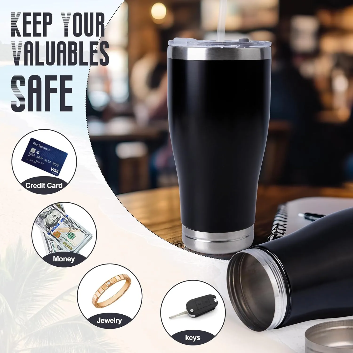 20oz Diversion Safe Water Bottle, Stainless Steel Bottle with Hidden Compartment for Storage Values Like Cash, Keys, Jewelry, Suitable for Outdoor, Gym, and Travel-Black