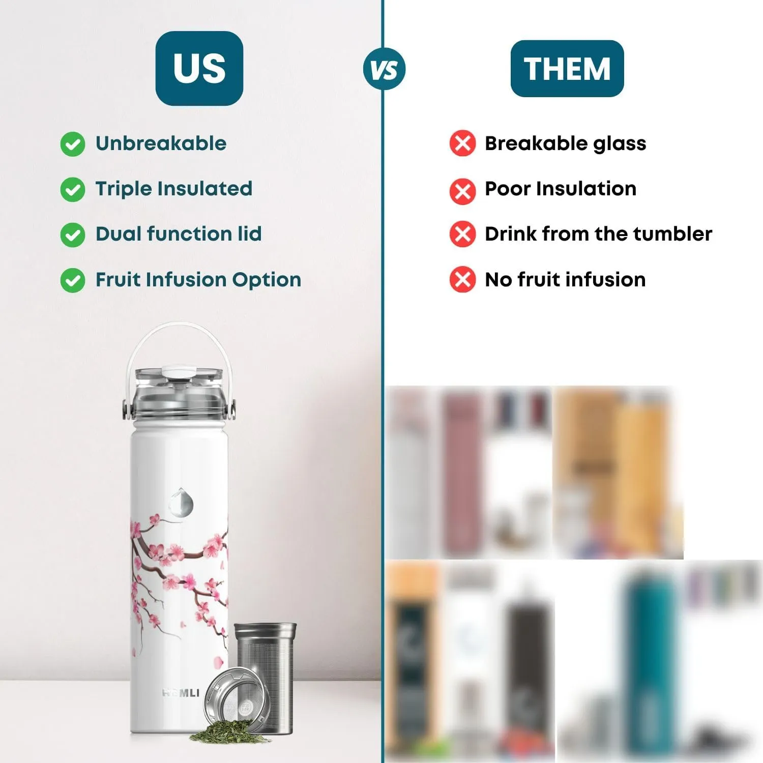 22 oz Insulated Tea Tumbler Bottle with Infuser, Travel Mug