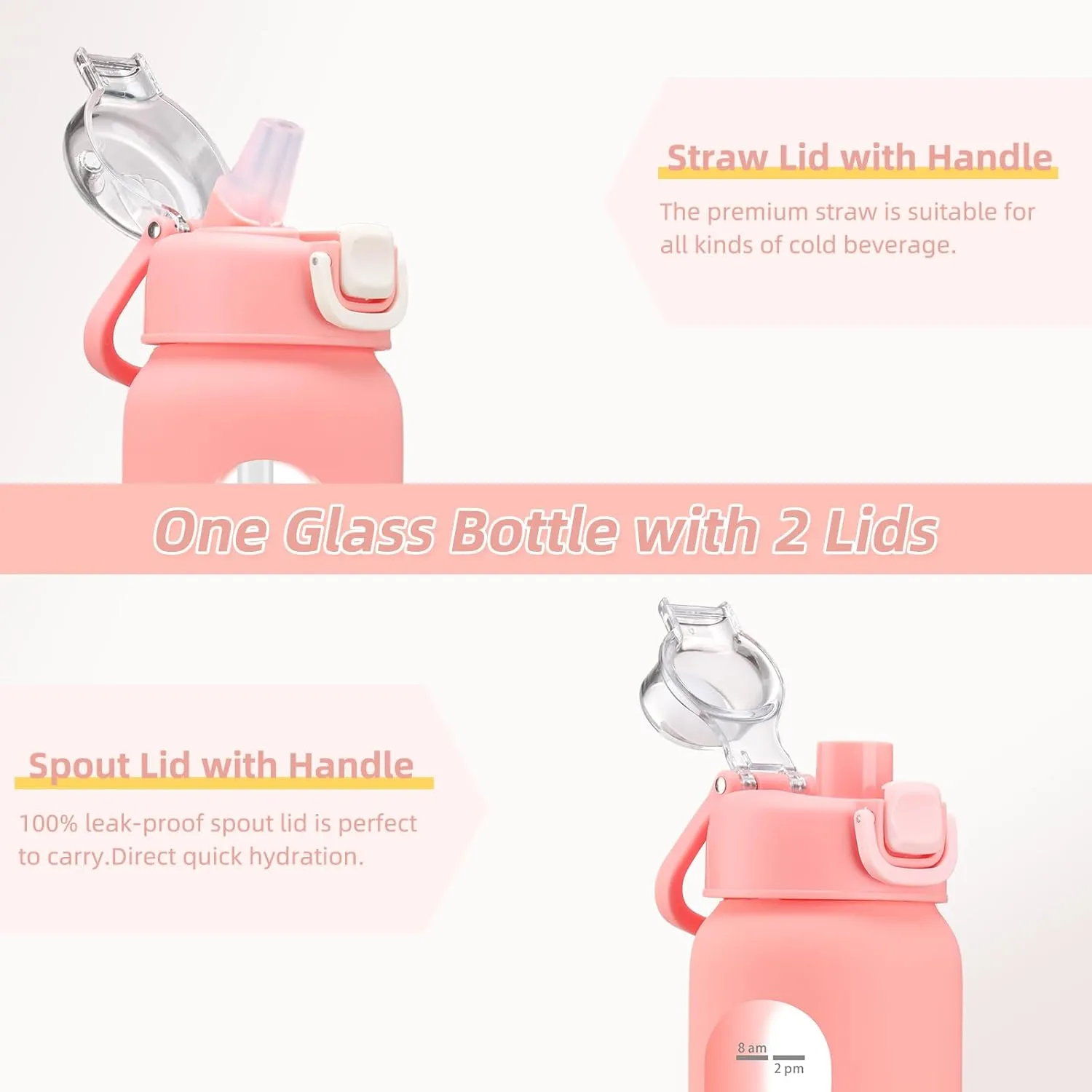 24 oz Glass Water Bottles with 2 Lids-Handle Spout Lid & Straw Lid, Motivational Water Bottle with Time Marker and Silicone Sleeve,Leakproof-Pink-1 Pack
