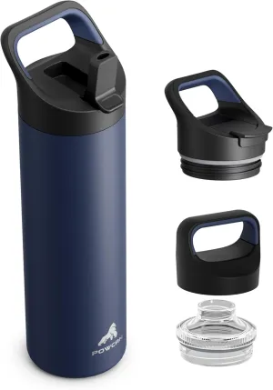 24 oz Insulated Water Bottle for Gym: 3 Lids, Leakproof, Keep Cold 24H, Car Cupholder Friendly, Stainless Steel Water Flask with Straw and Spout Caps for Sports, School, Work, Cycling (Navy Blue)
