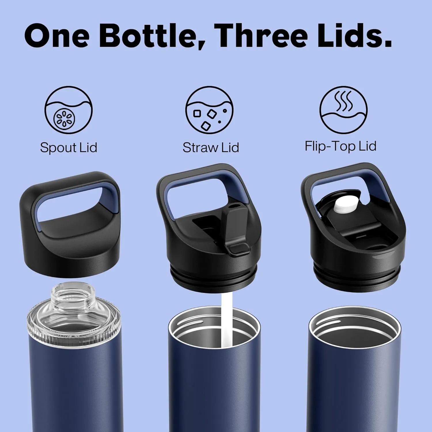 24 oz Insulated Water Bottle for Gym: 3 Lids, Leakproof, Keep Cold 24H, Car Cupholder Friendly, Stainless Steel Water Flask with Straw and Spout Caps for Sports, School, Work, Cycling (Navy Blue)